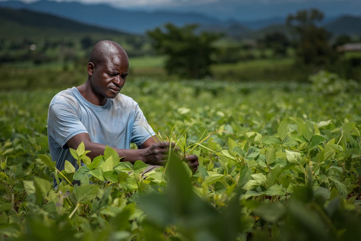 Farmer inspecting crops on a verified farm